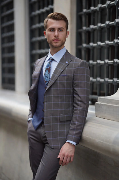 Daniel Plaid Brown Wool Suit - Elegant Three-Piece Slim-Fit Suit for Men brabion