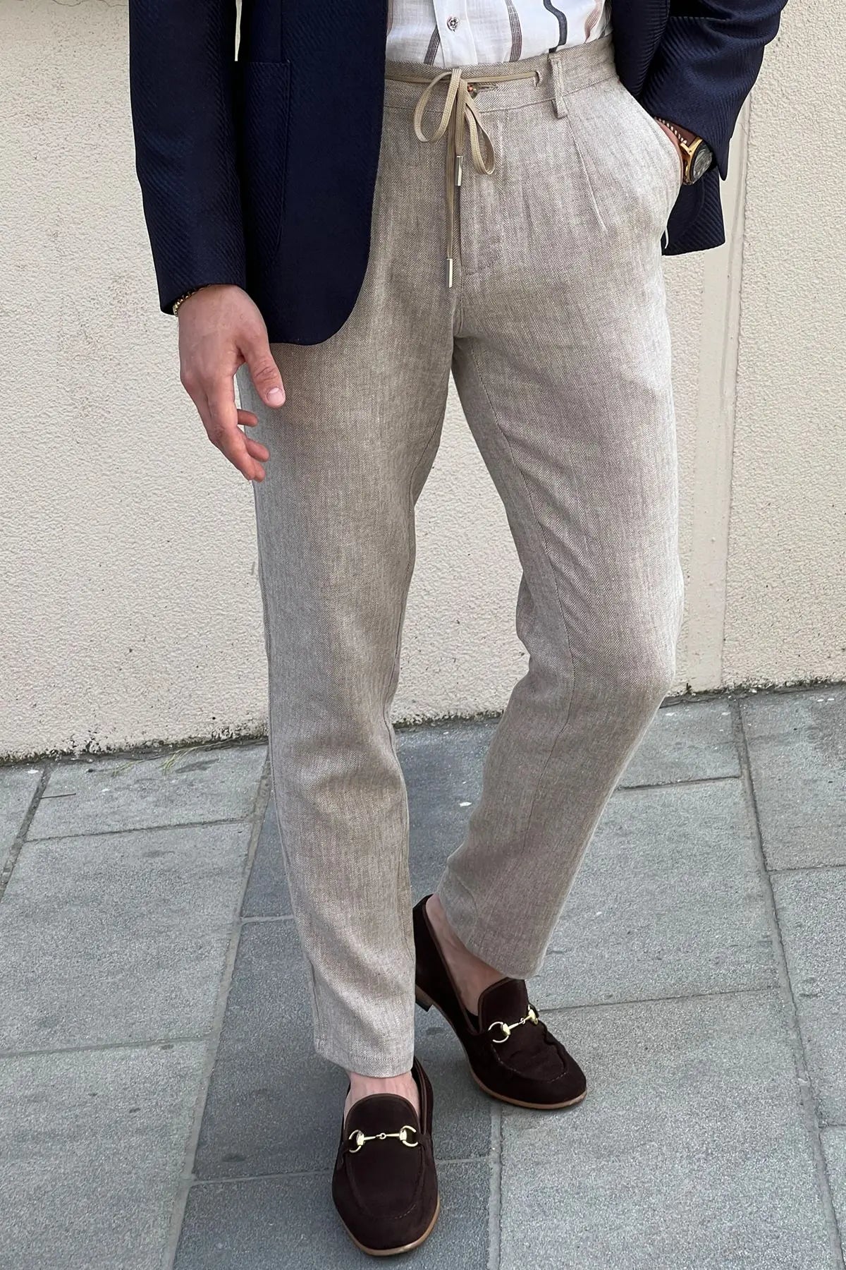 Daniel Beige Linen Pants - Slim Fit Elegance - BRABION