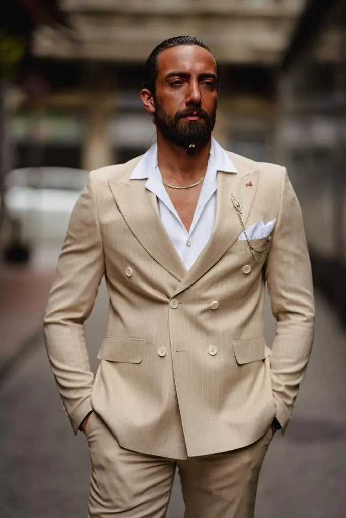 Evo Beige Slim Fit Double Breasted Pinstripe Suit brabion