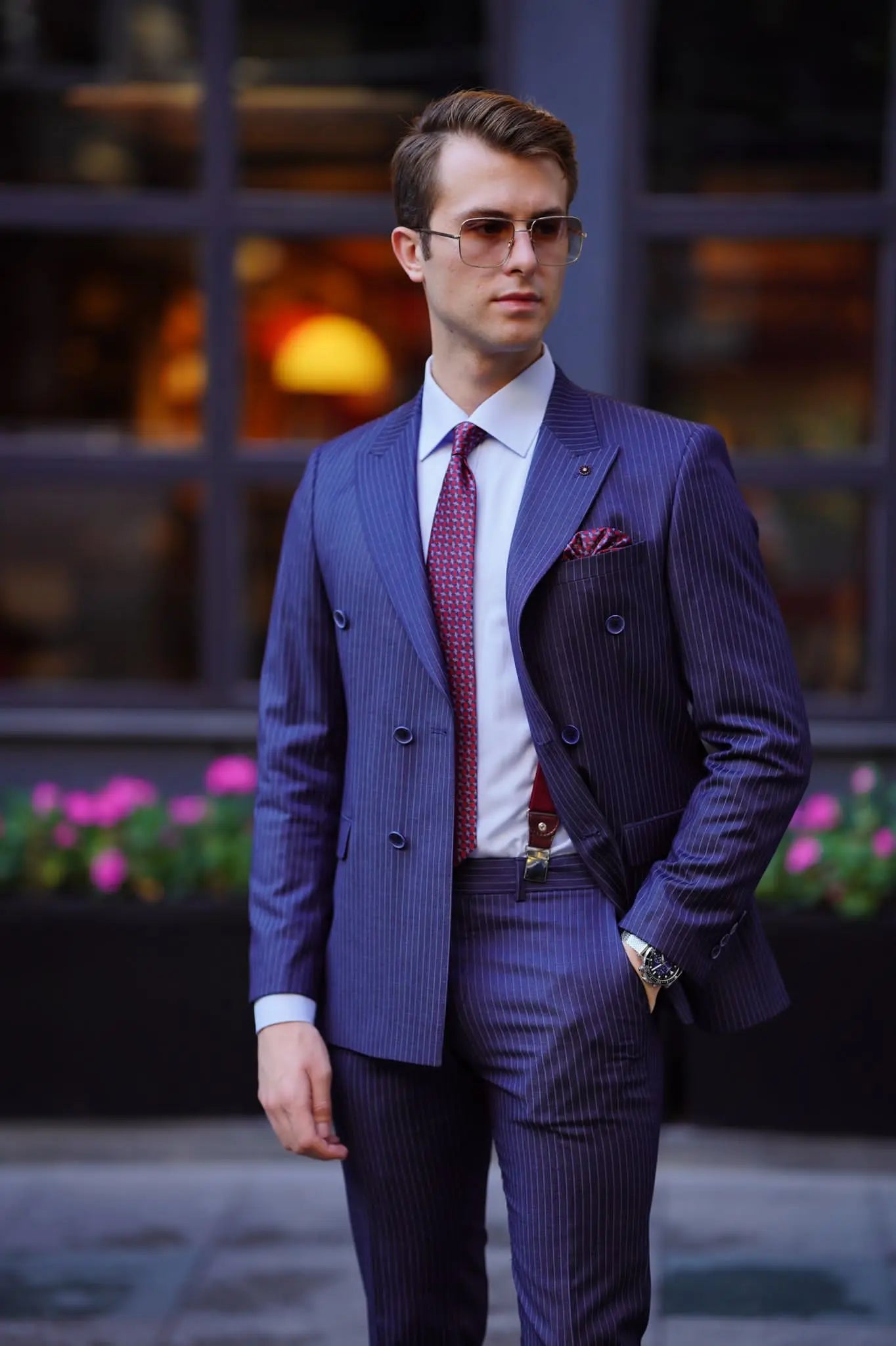 Vespo Pinstripe Navy Blue Double Breasted Suit for Modern Men brabion