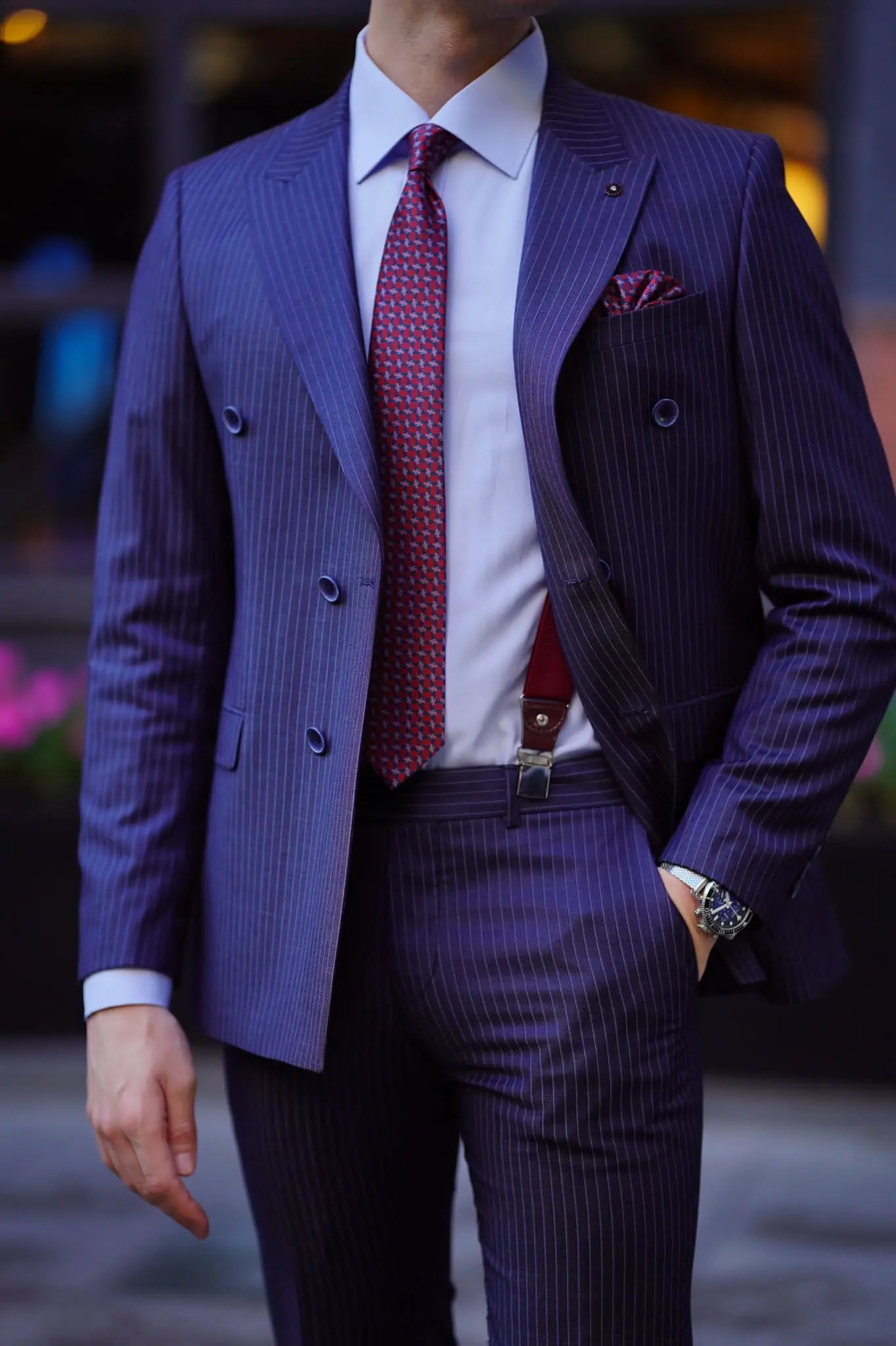 Vespo Pinstripe Navy Blue Double Breasted Suit for Modern Men brabion