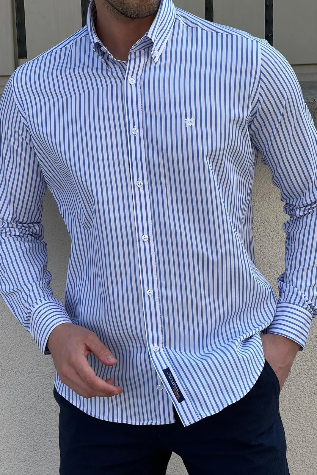 Brabion Daniel Striped White and Blue Slim Fit Shirt - BRABION