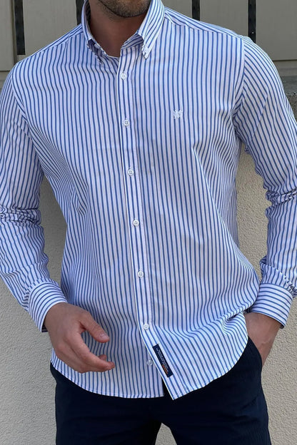 Brabion Daniel Striped White and Blue Slim Fit Shirt - BRABION