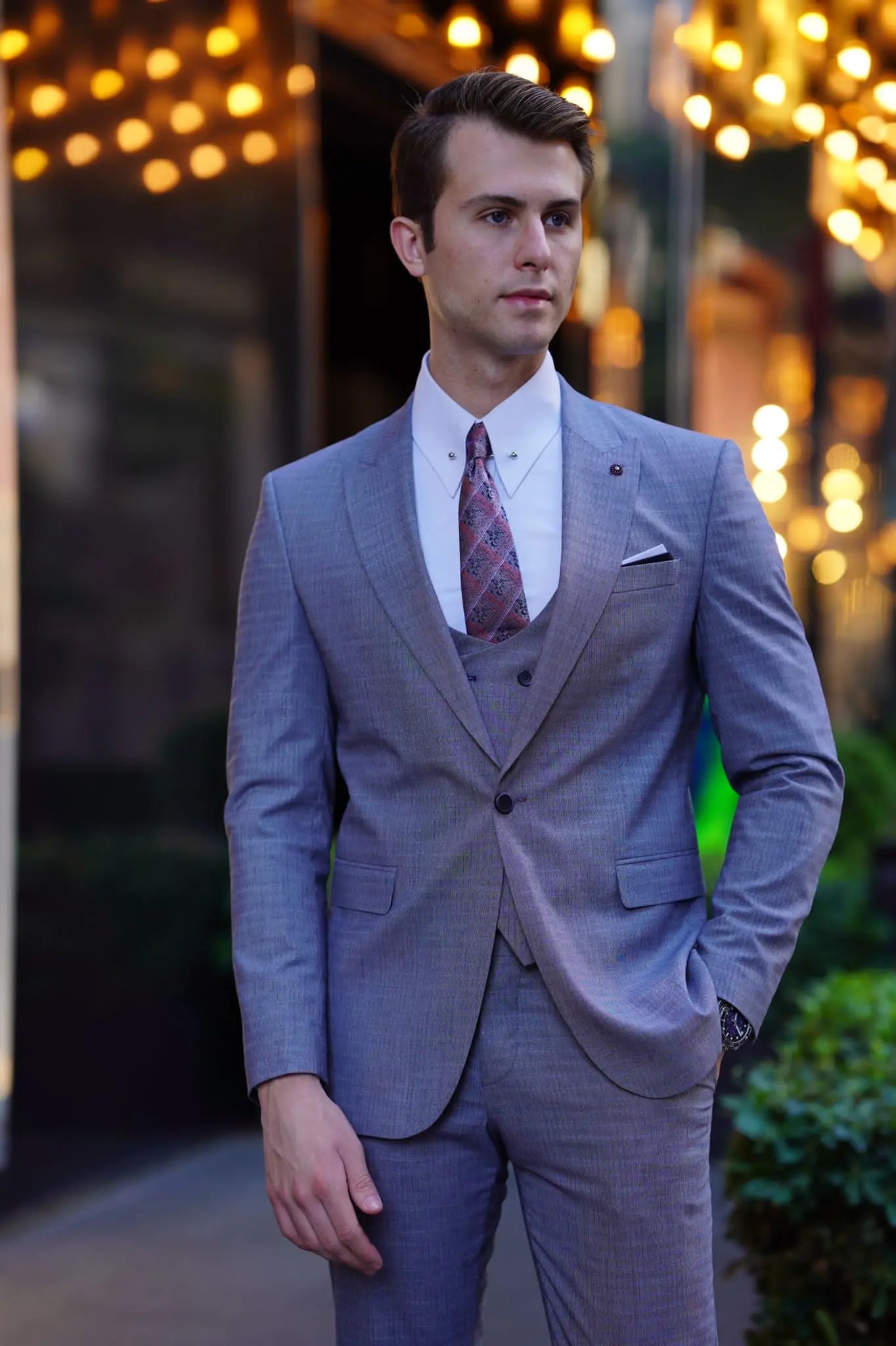 Vespo Patterned Slim-Fit Gray Wool Suit - Elegant Three-Piece Ensemble brabion