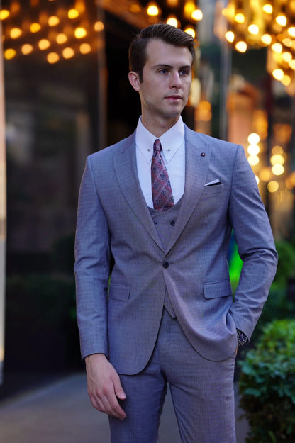 Vespo Patterned Slim-Fit Gray Wool Suit - Elegant Three-Piece Ensemble brabion