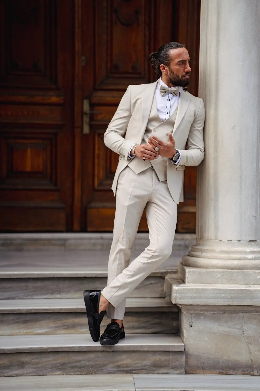 Daniel Beige Slim Fit Peak Lapel Tuxedo - BRABION