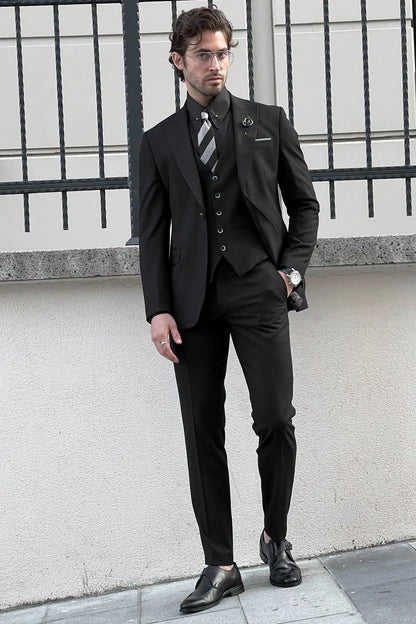 Daniel Slim Fit Black Wool Suit - Elegant Versatility for Every Occasion brabion