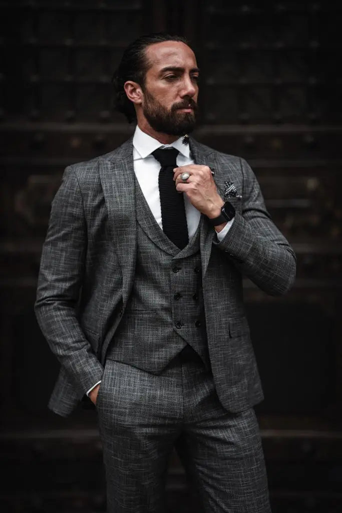 Evo Dark Gray Slim Fit Crosshatch Suit – Elevate Your Style brabion