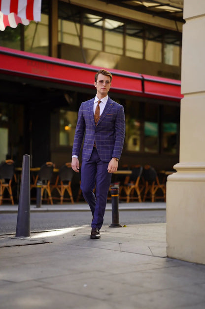 Vespo Navy Blue and Camel Slim-Fit Suit - Perfect for Any Occasion brabion