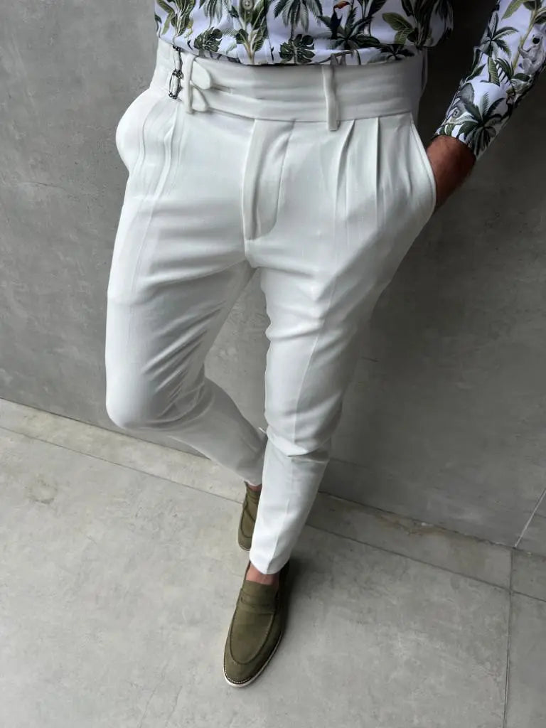 Lyon White Slim Fit Buckle Pants – Effortless Elegance - BRABION