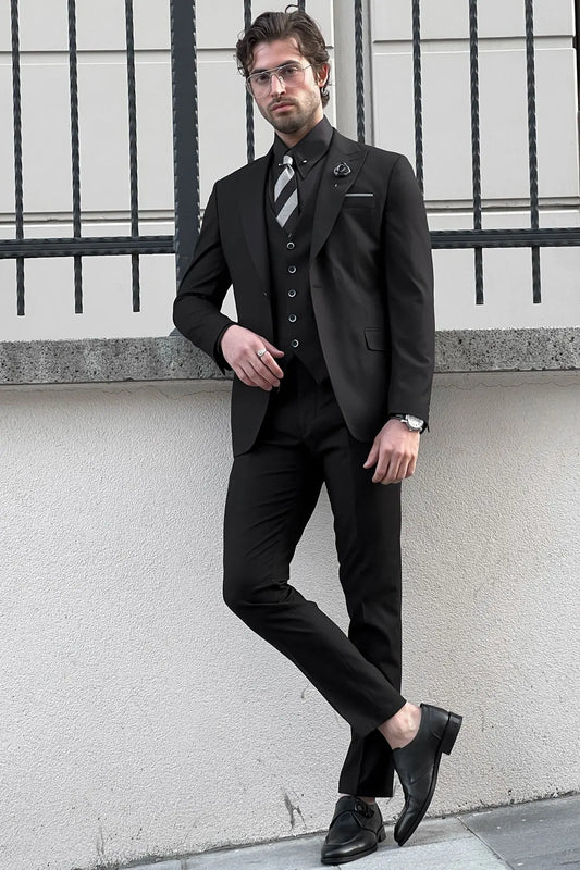 Daniel Slim Fit Black Wool Suit - Elegant Versatility for Every Occasion brabion