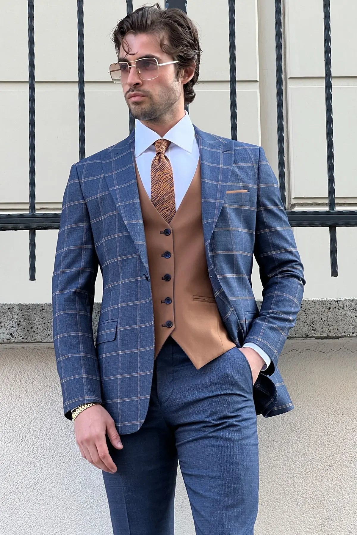 Daniel Navy Blue and Camel Slim-Fit Suit: A Timeless Classic for Every Occasion brabion