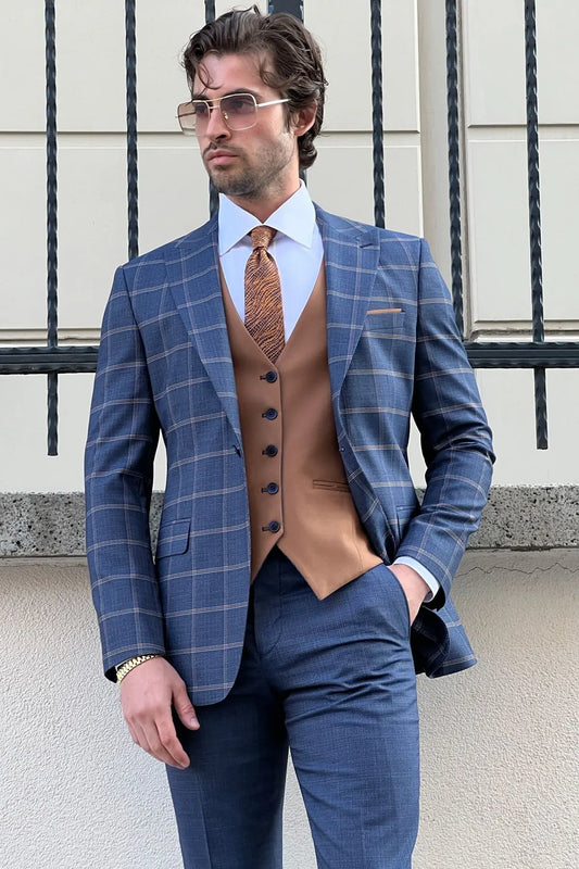 Daniel Navy Blue and Camel Slim-Fit Suit: A Timeless Classic for Every Occasion brabion