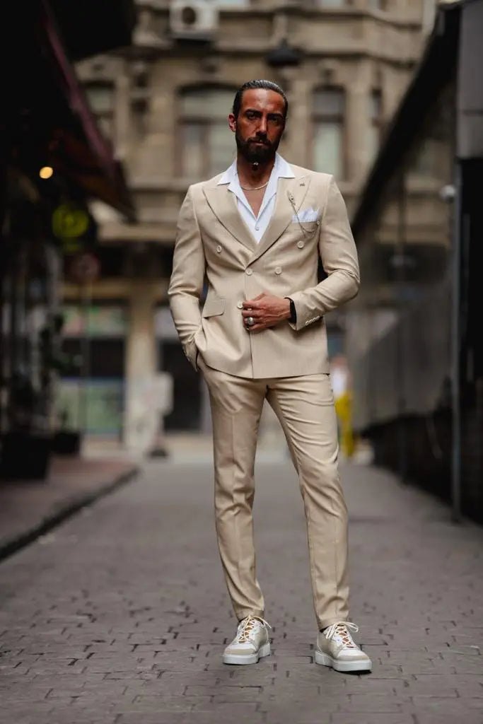 Evo Beige Slim Fit Double Breasted Pinstripe Suit brabion