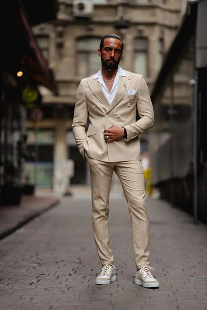 Evo Beige Slim Fit Double Breasted Pinstripe Suit brabion
