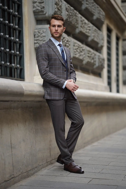 Daniel Plaid Brown Wool Suit - Elegant Three-Piece Slim-Fit Suit for Men brabion