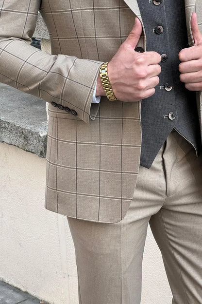 Daniel Patterned Beige Wool Suit - Slim-Fit 3-Piece Elegance brabion