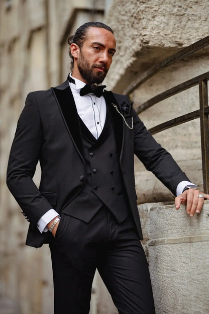 Daniel Black Slim Fit Velvet Peak Lapel Tuxedo - BRABION