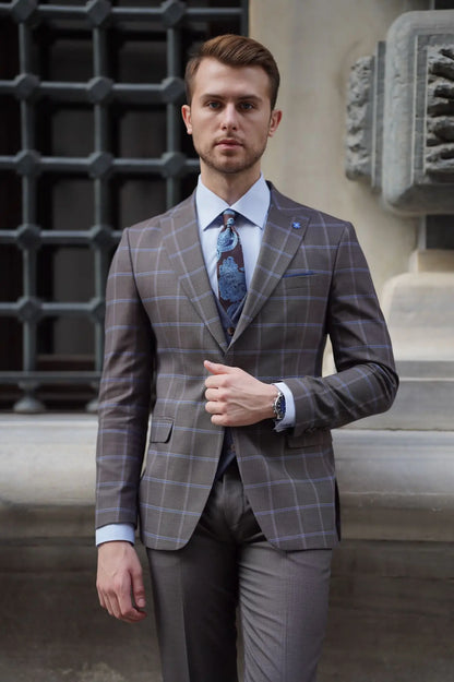Daniel Plaid Brown Wool Suit - Elegant Three-Piece Slim-Fit Suit for Men brabion