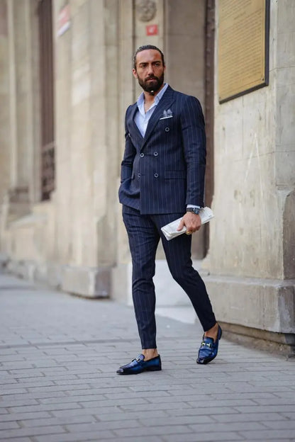 Evo Dark Blue Slim Fit Double Breasted Pinstripe Suit brabion