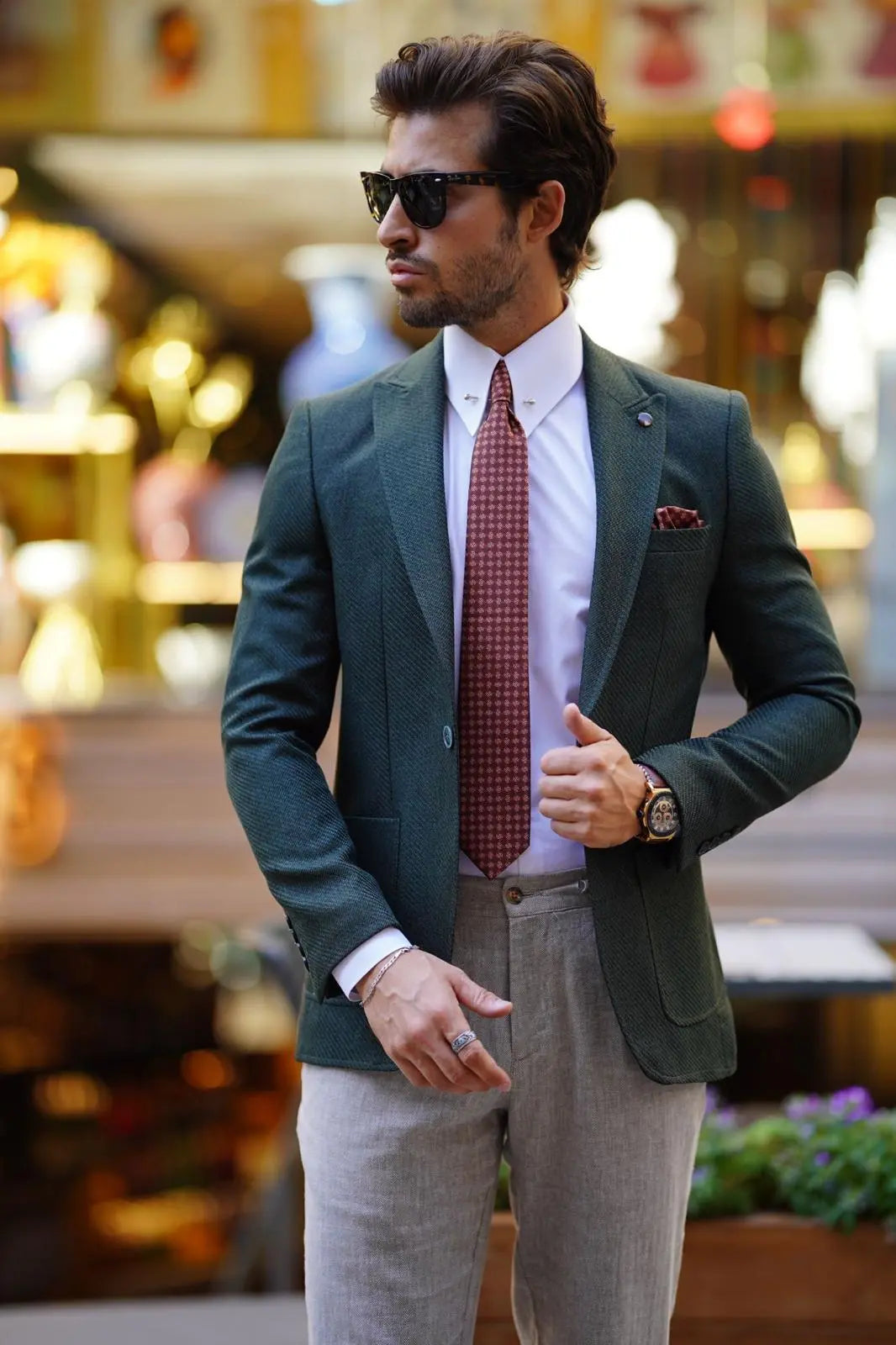 Vespo Self-Patterned Khaki Slim Fit Blazer - BRABION