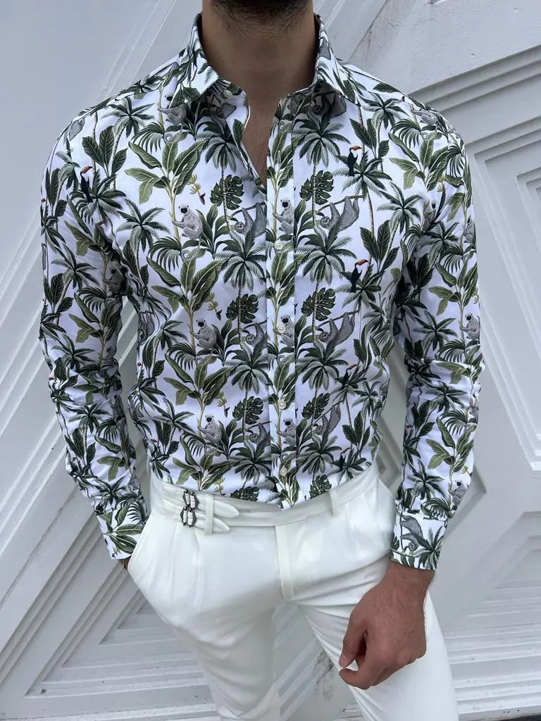 Brabion Lyon White Green Slim Fit Long Sleeve Tropical Cotton Shirt - BRABION