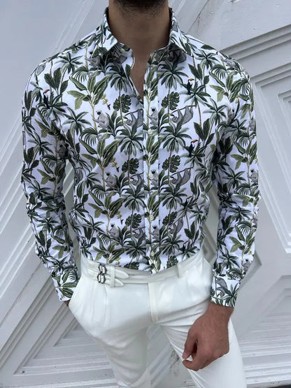 Brabion Lyon White Green Slim Fit Long Sleeve Tropical Cotton Shirt - BRABION