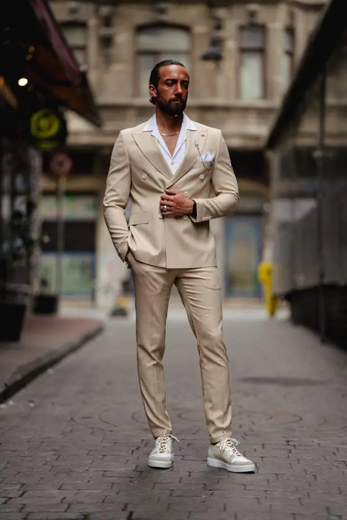 Evo Beige Slim Fit Double Breasted Pinstripe Suit brabion