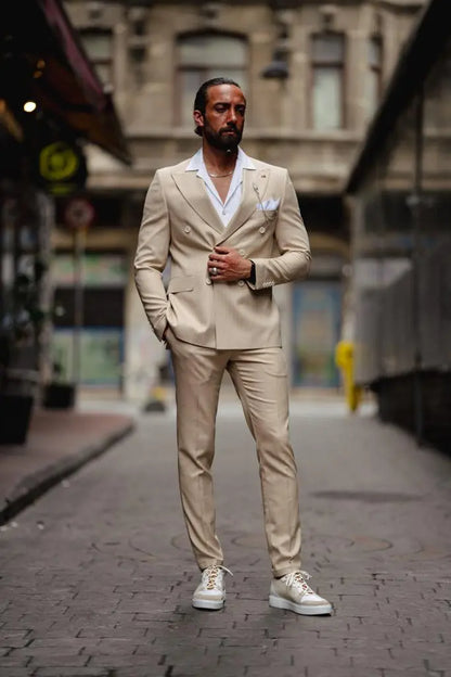 Evo Beige Slim Fit Double Breasted Pinstripe Suit brabion