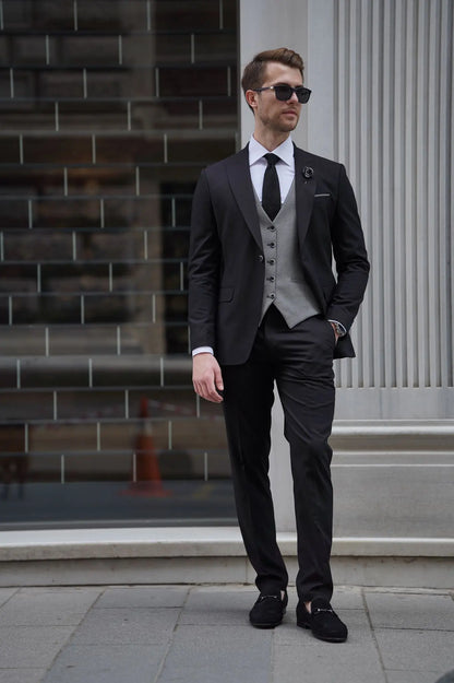 Daniel Black and Gray Wool Suit - Elegant Slim-Fit Three-Piece Ensemble brabion