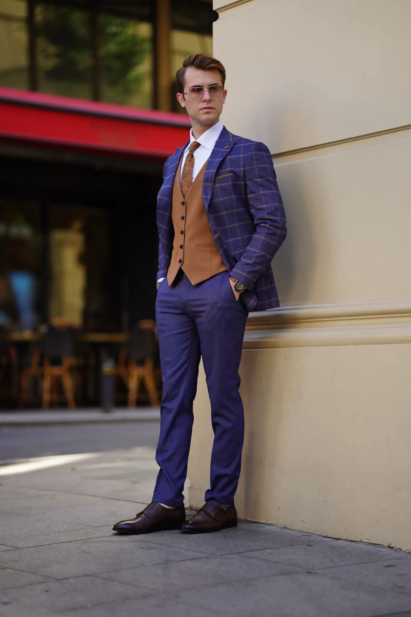 Vespo Navy Blue and Camel Slim-Fit Suit - Perfect for Any Occasion brabion