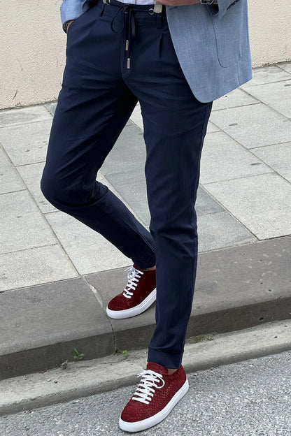 Daniel Navy Blue Cotton Pants - Slim-Fit Elegance - BRABION