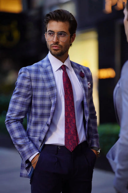 Vespo Plaid Blue Wool Blazer - Slim Fit Elegance for Every Occasion - BRABION