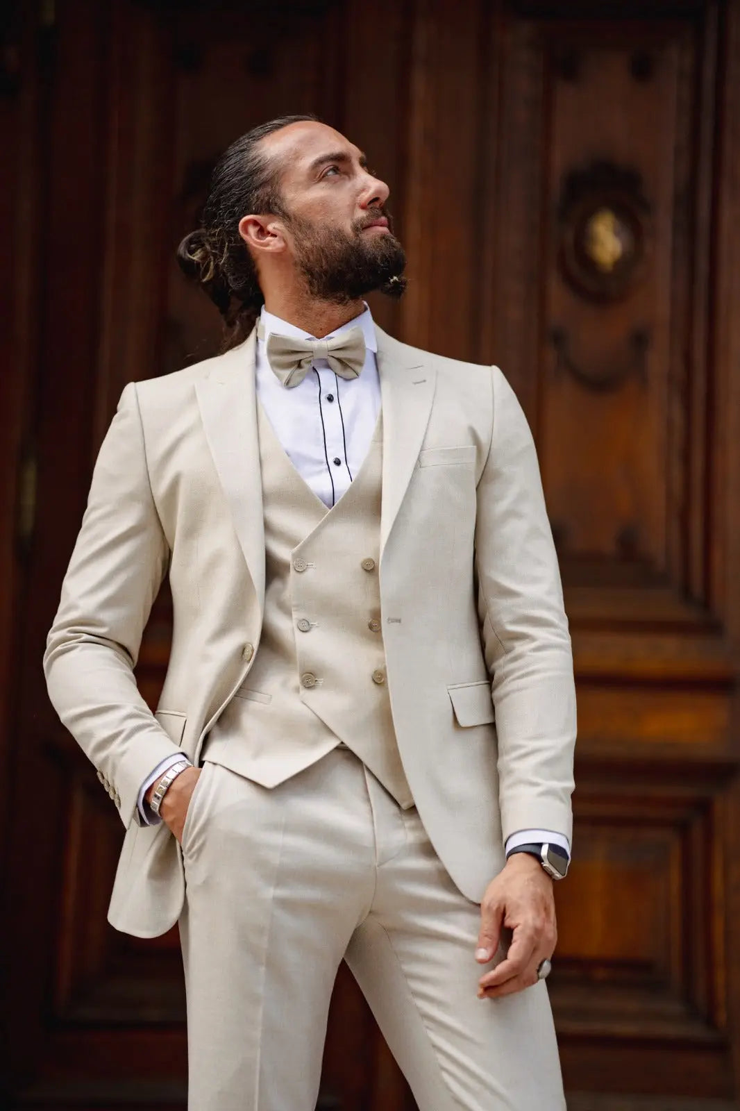 Daniel Beige Slim Fit Peak Lapel Tuxedo - BRABION