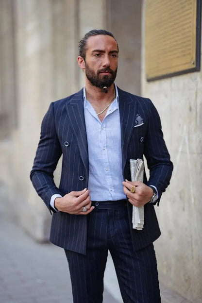 Evo Dark Blue Slim Fit Double Breasted Pinstripe Suit brabion
