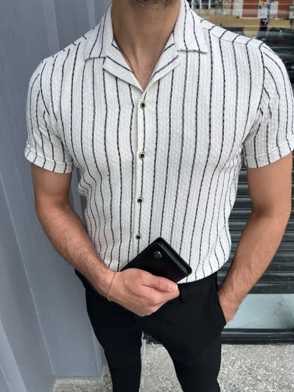 Brabion Lyon White Slim Fit Short Sleeve Striped Cotton Shirt - BRABION