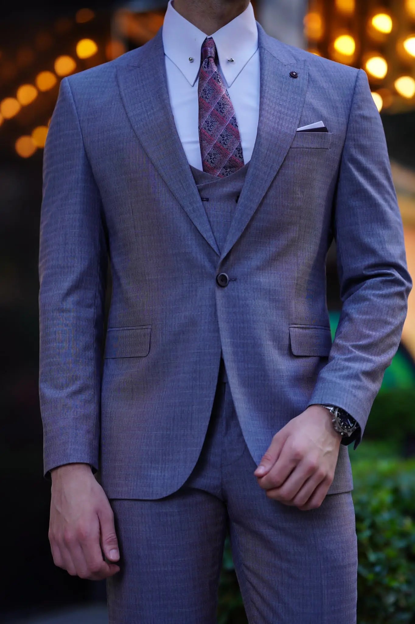 Vespo Patterned Slim-Fit Gray Wool Suit - Elegant Three-Piece Ensemble brabion