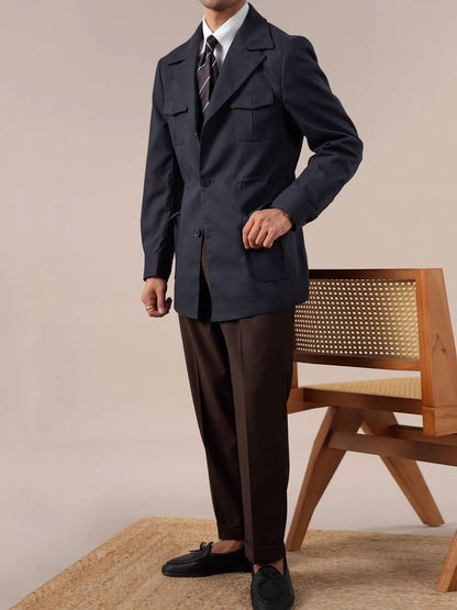 Men’s Vintage Safari Jacket — Slim-Fit Linen Blazer Collar Casual Coat BRABION