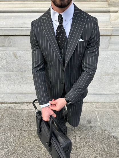 Black Striped Slim-Fit Suit 3-Piece VIOSSI