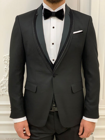 Infinite Black Slim Fit Velvet Peak Lapel Tuxedo - BRABION