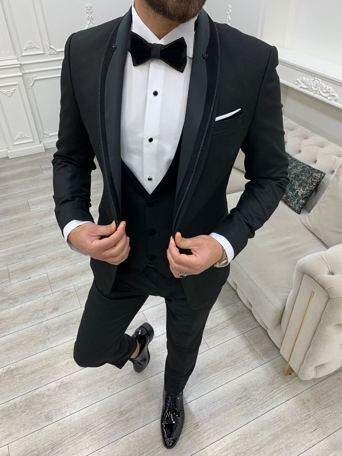 Infinite Black Slim Fit Velvet Peak Lapel Tuxedo - BRABION