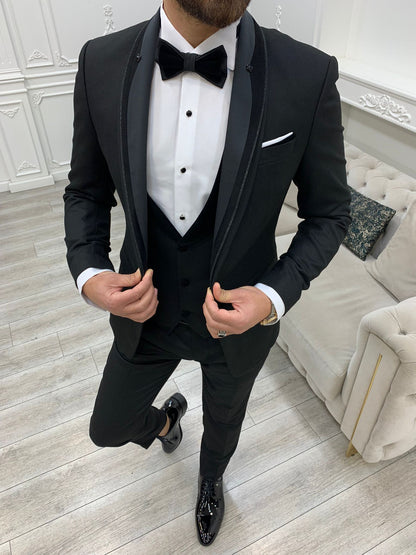 Infinite Black Slim Fit Velvet Peak Lapel Tuxedo - BRABION