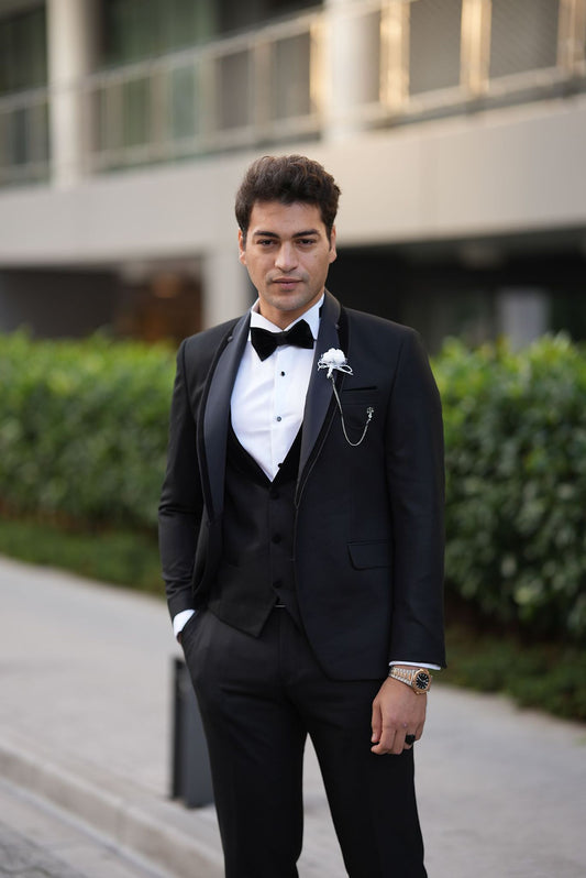 Infinite Black Slim Fit Velvet Peak Lapel Tuxedo - BRABION