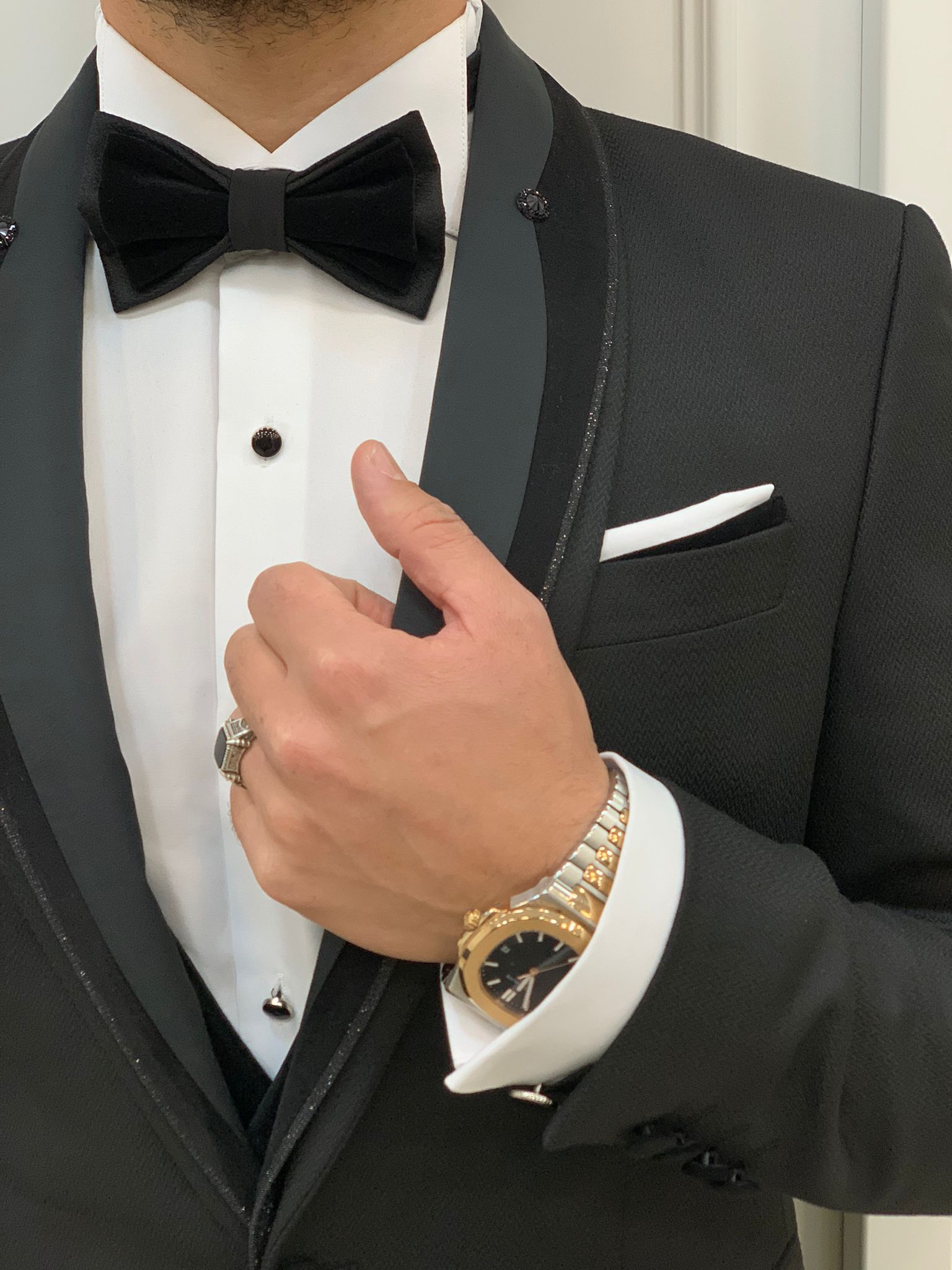 Infinite Black Slim Fit Velvet Peak Lapel Tuxedo - BRABION