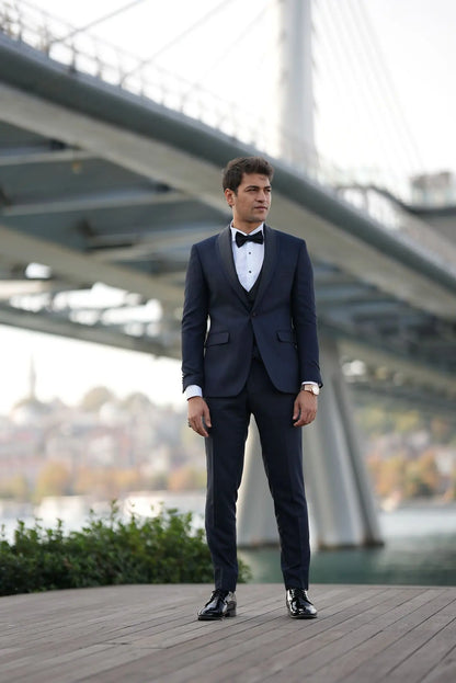Caesar Navy Blue Slim Fit Shawl Lapel Tuxedo - BRABION