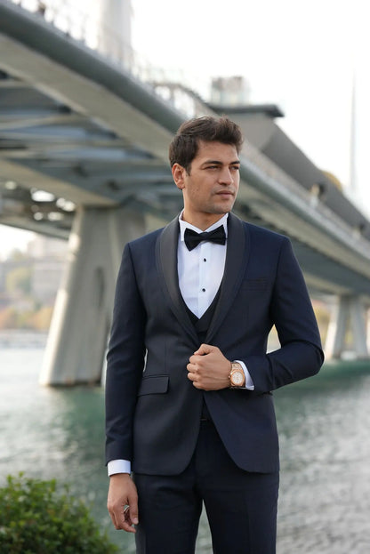 Caesar Navy Blue Slim Fit Shawl Lapel Tuxedo - BRABION