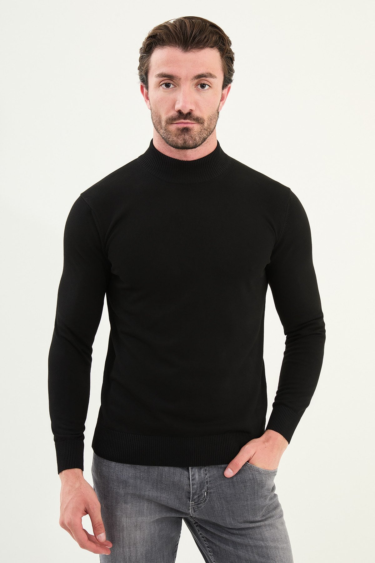 Men’s Black Knit Half-Turtleneck Pullover – Slim Fit - BRABION
