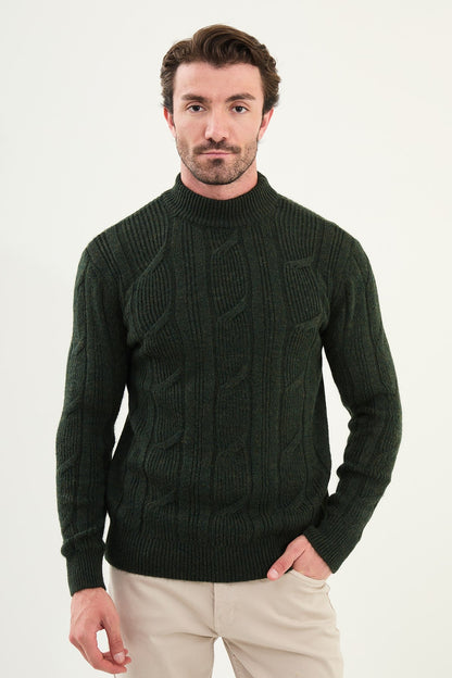 Green Cable-Knit High Neck Sweater - BRABION