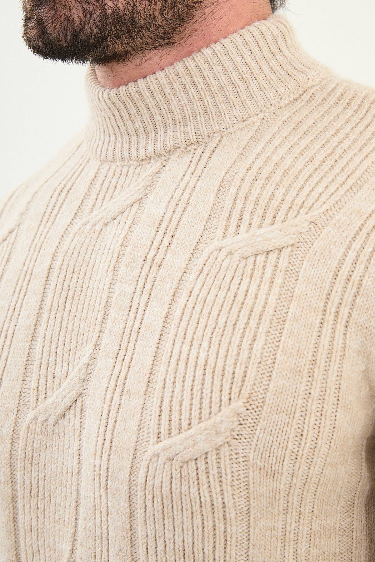 Beige Cable-Knit High Neck Sweater - BRABION