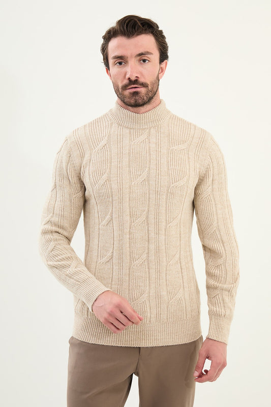 Beige Cable-Knit High Neck Sweater - BRABION